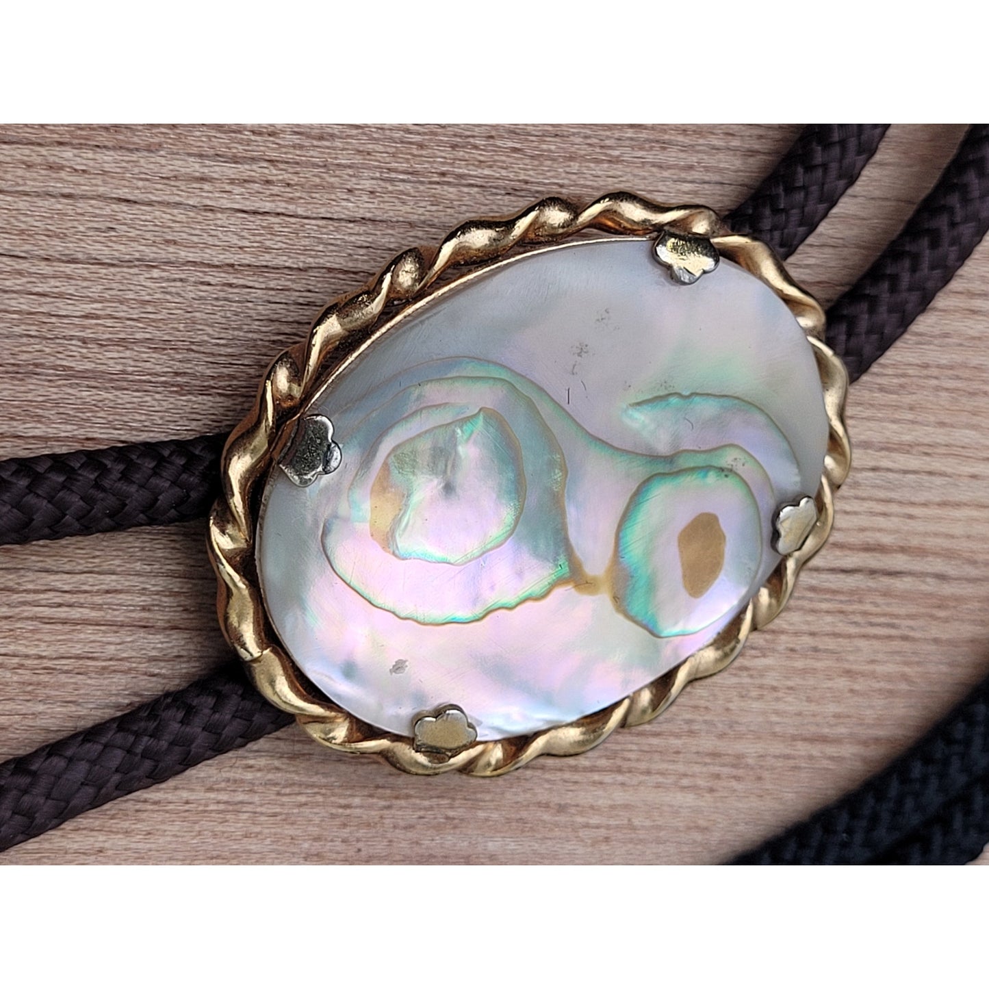 Vintage Pair of Western-Style Bolo Ties Mother of Pearl & Banded Agate Stone
