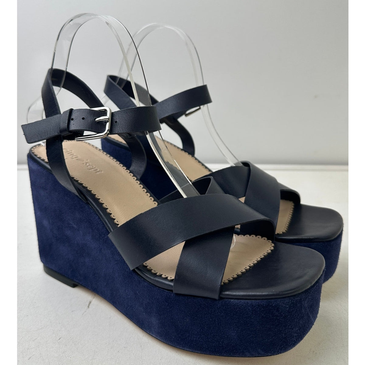 Cinq à Sept Navy Leather Sasha Vachetta Suede Platform Wedge Sandals Women's Sz 9