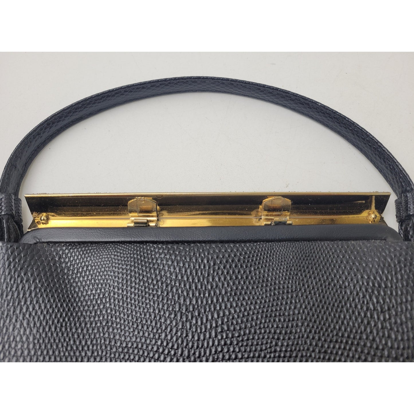 Vintage 1950s Black Lizard-Embossed Leather Evening Bag w Gold Tone Closure