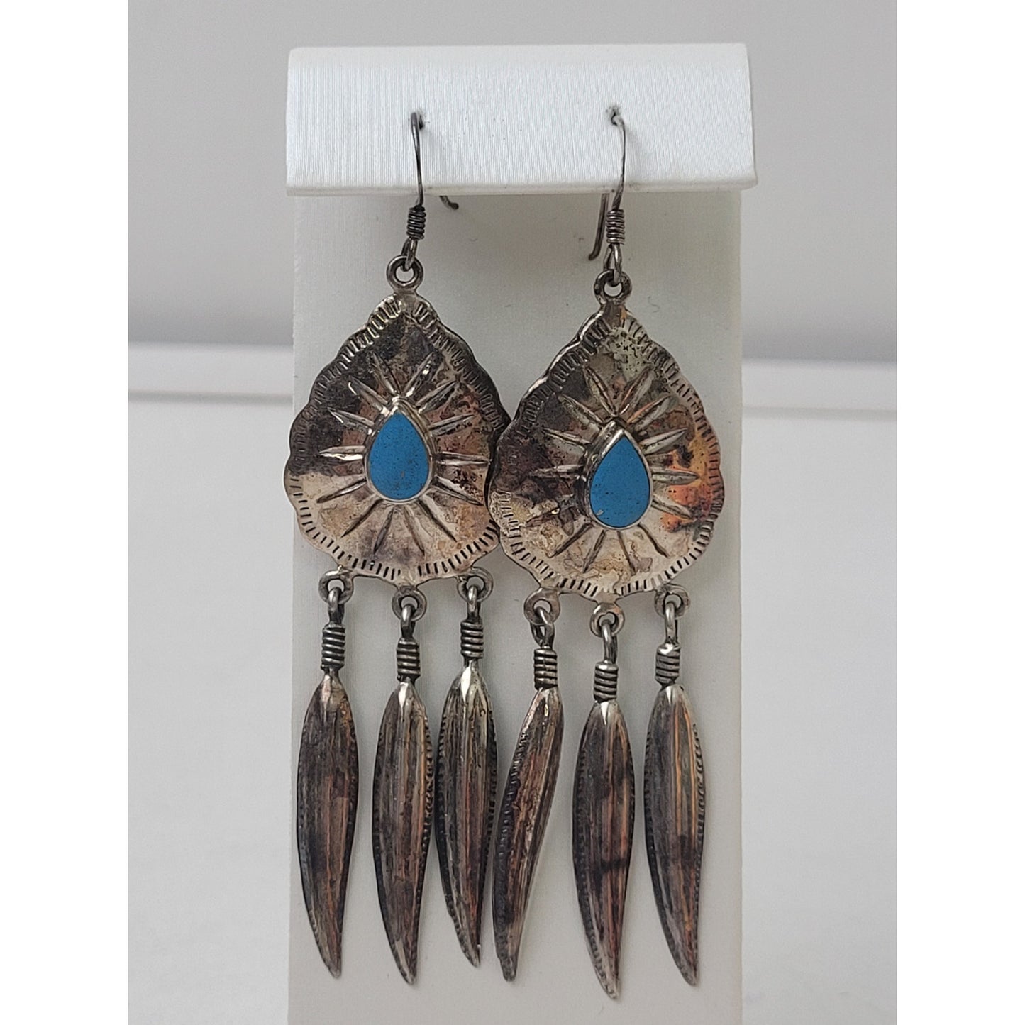 VTG Sterling Silver Southwestern Dangle Earrings Blue Stone Long Feather Charms