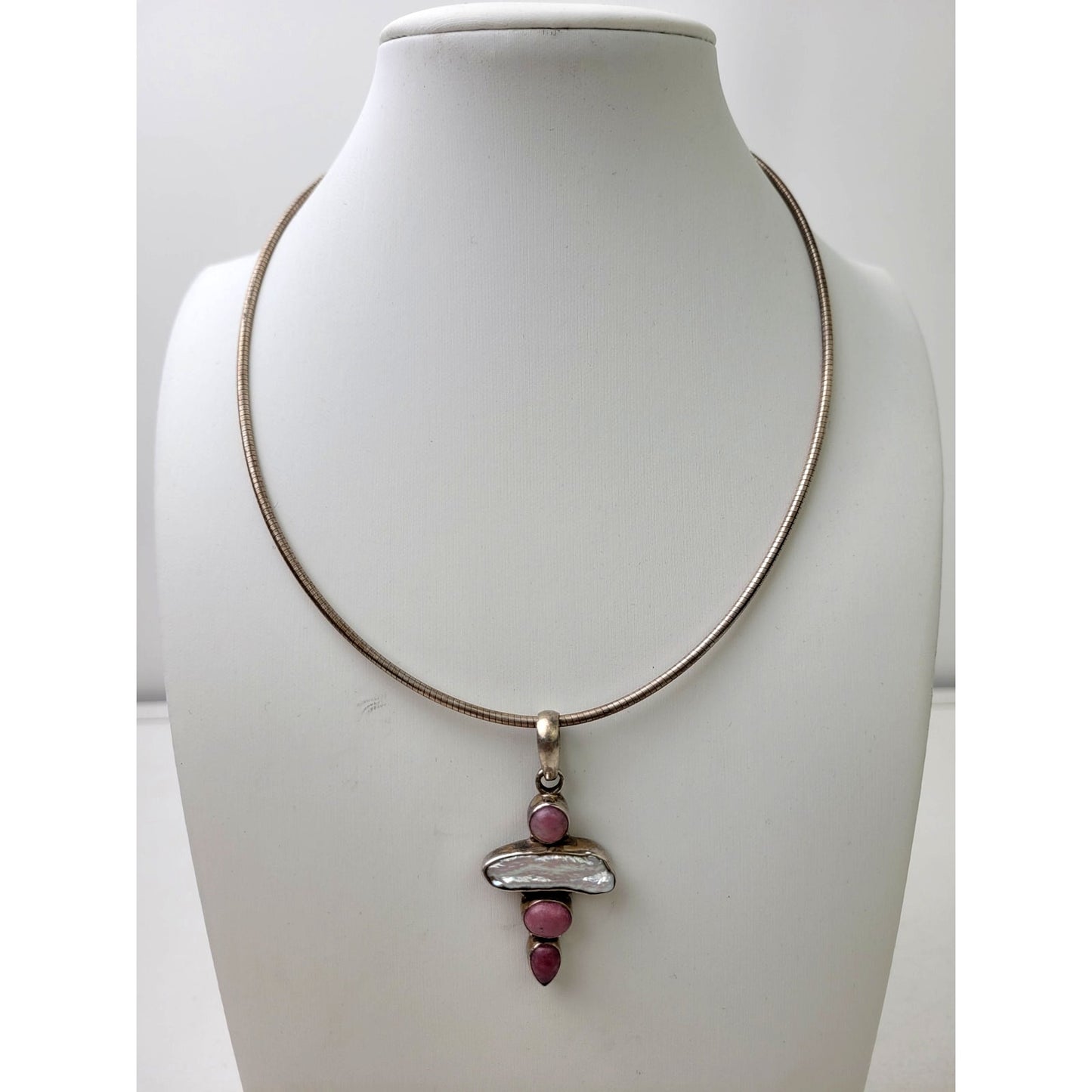 Sterling Silver Rhodocrosite & Baroque Pearl Pendant on 16" Made in Italy Chain