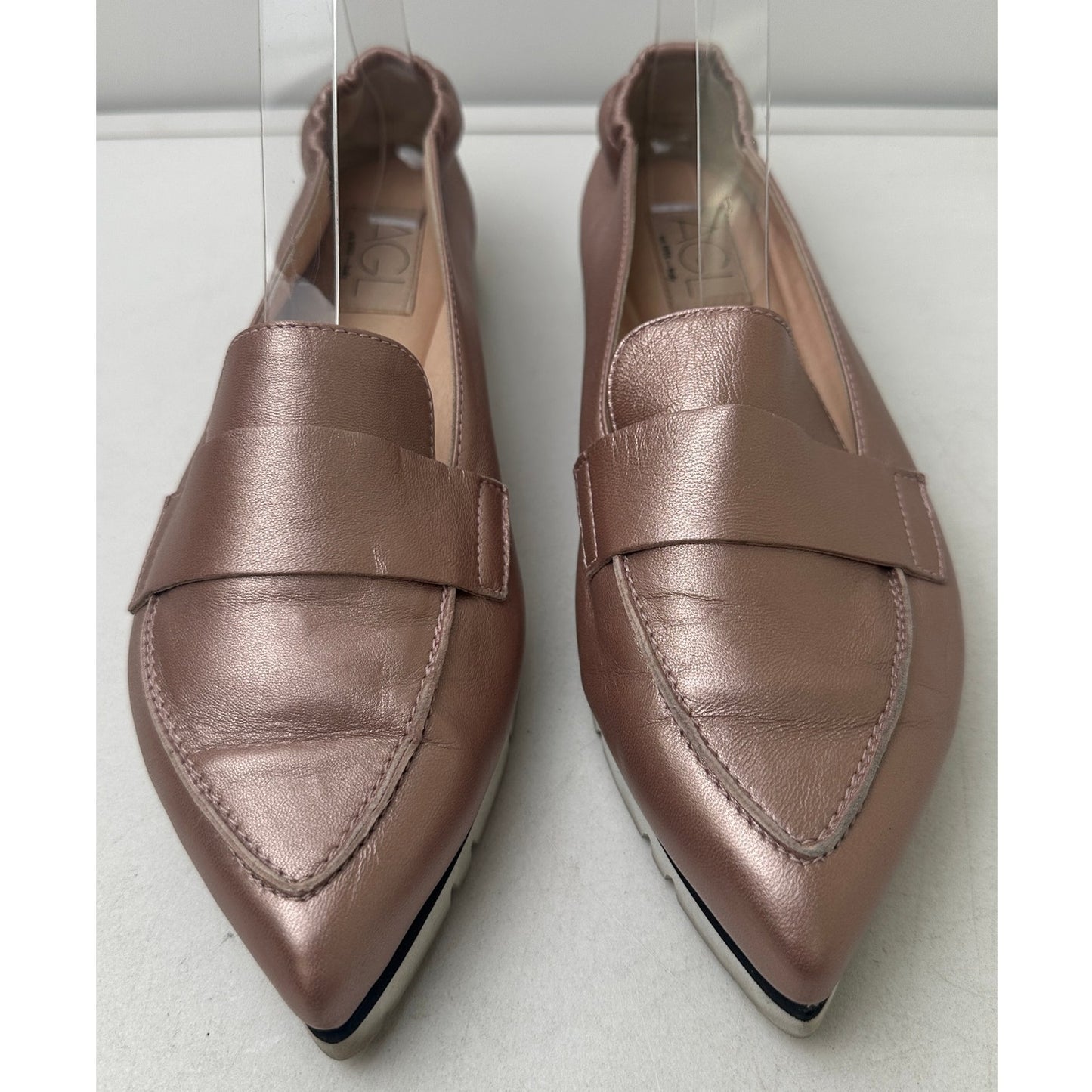AGL Attilio Giusti Leombruni Metallic Rose Gold Micro Pointed Toe Loafers Women's Sz 8.5