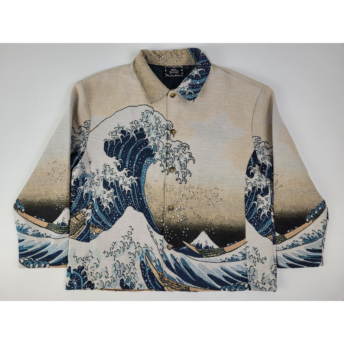 Rebel Vengeance Tapestry Button-Up Jacket The Great Wave of Kanagawa Men's Sz L