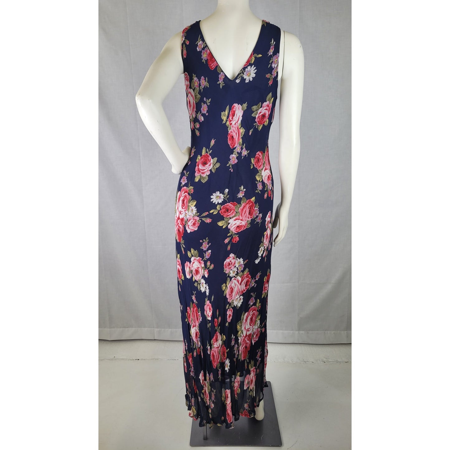 Y2K R&K Originals Bias-Cut Navy Blue Slip Dress Floral Print Beadwork Sz S/M