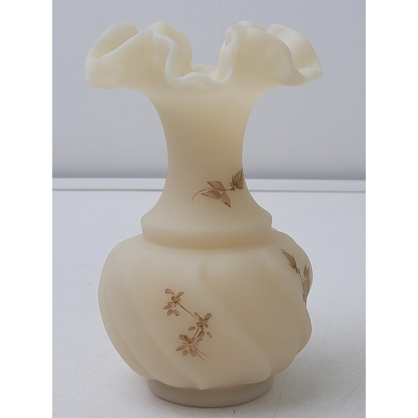 Fenton Art Glass Vase Custard Satin Hand-Painted Floral Design Signed 4.5" H
