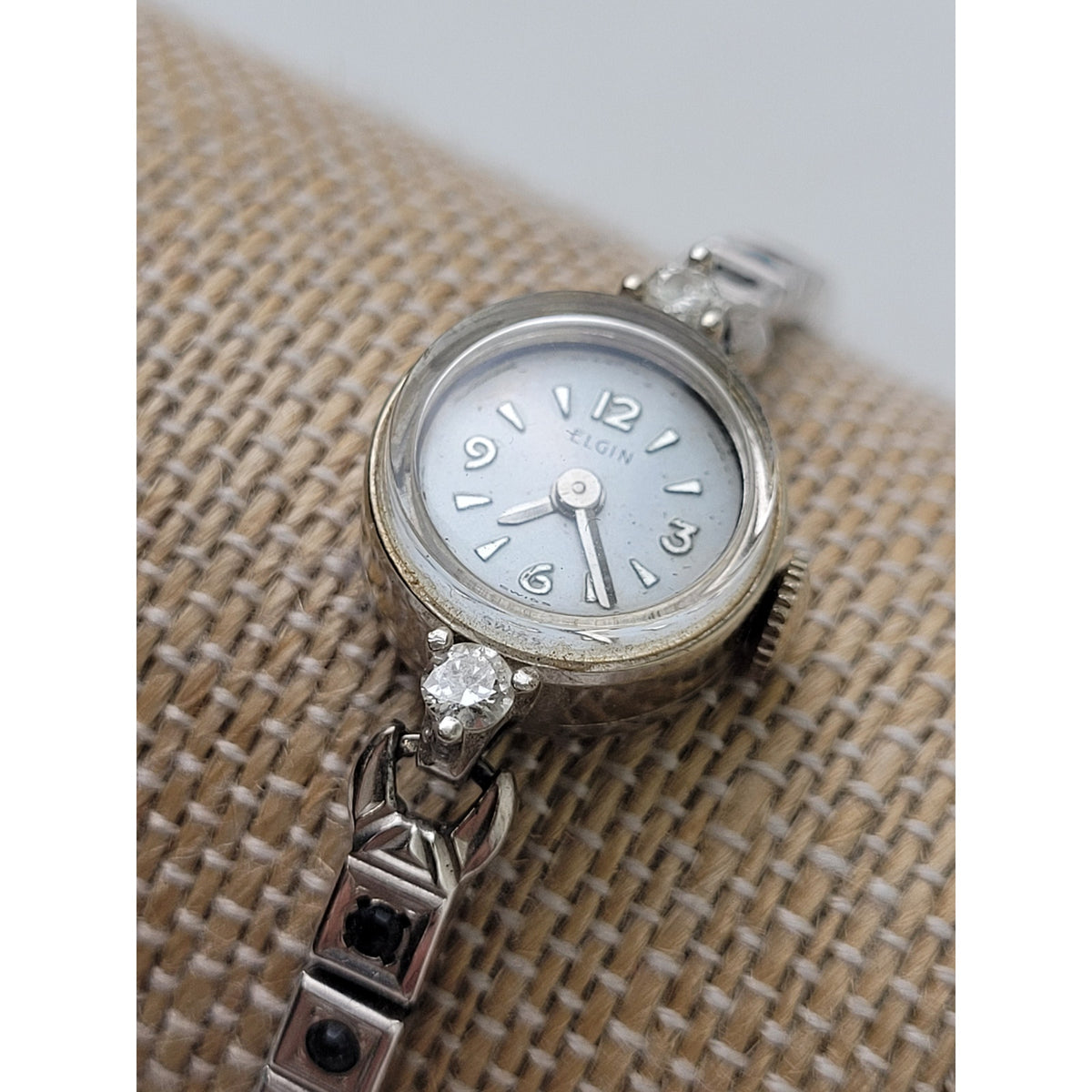VTG Elgin 14K White Gold Wristwatch w 2 Diamonds & 22 Sapphires or Onyx | Runs