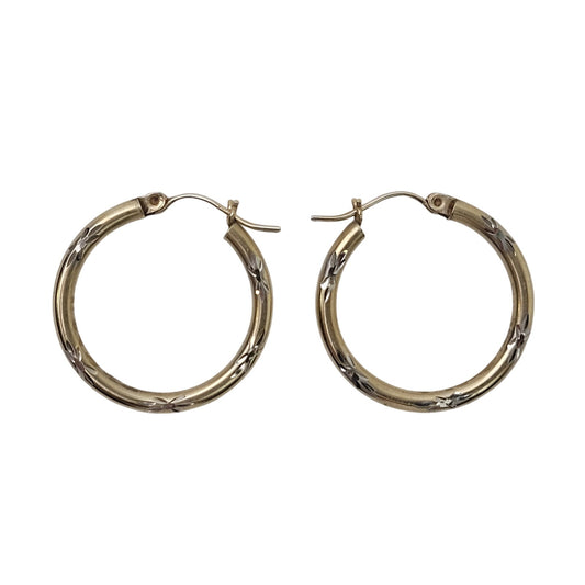 14K Yellow Gold Medium Size Hoop Earrings w White Gold Star Bursts | 1.43 grams