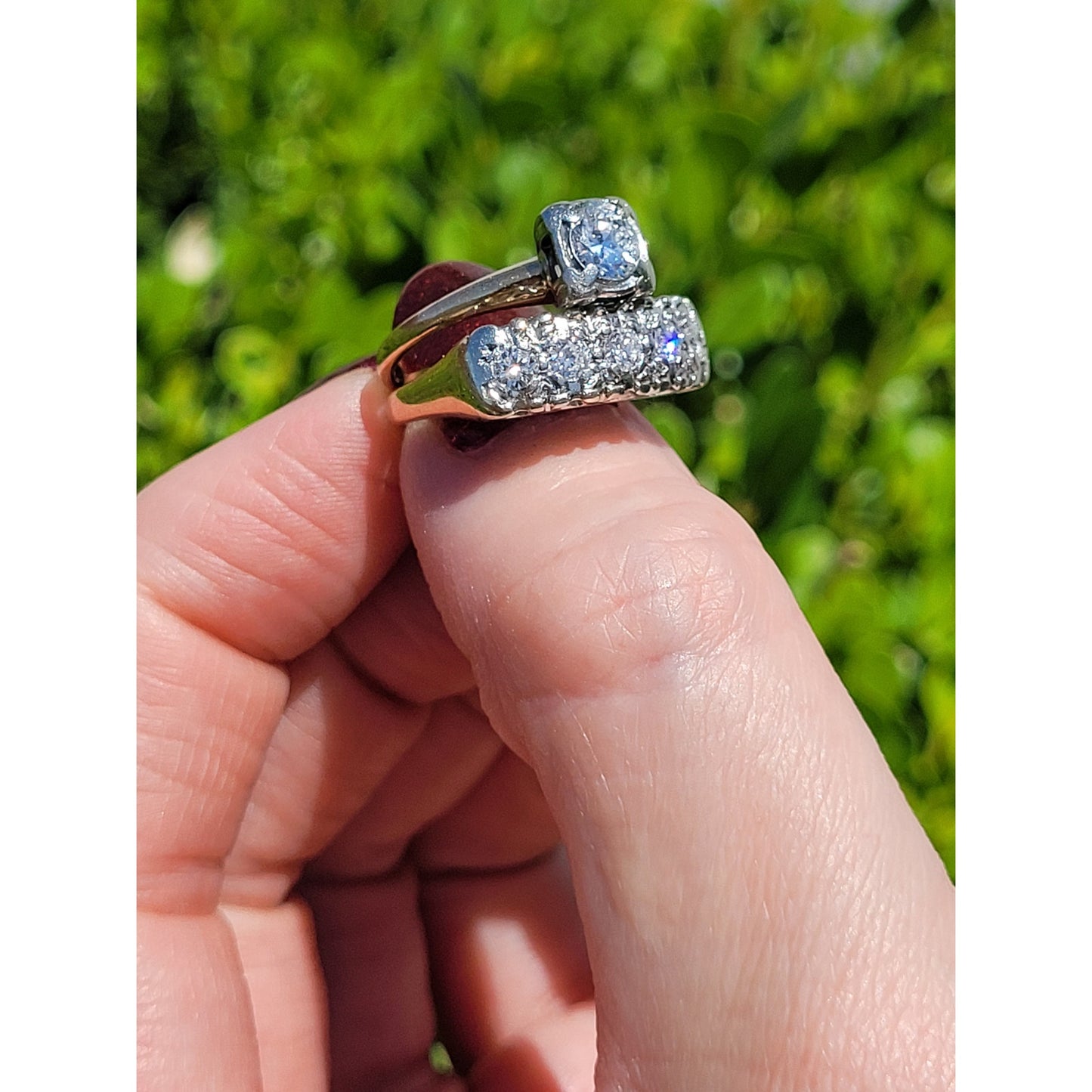 Vintage 14K Yellow & White Gold 5mm Round Diamond Engagement & Wedding Ring Set