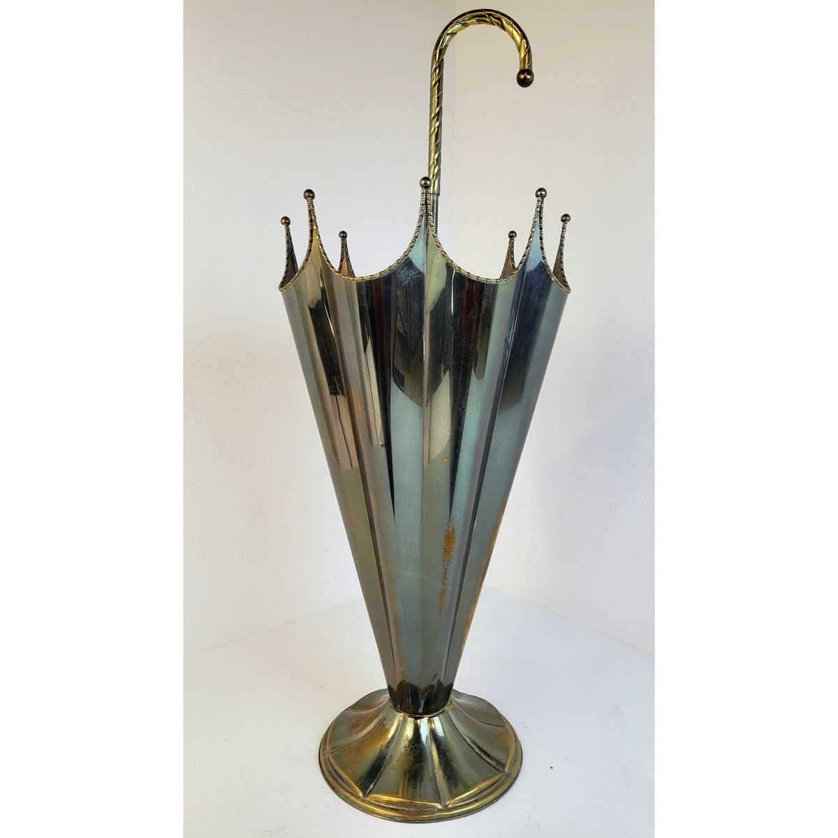 Vintage MCM Hollywood Regency Shaped Brass Plated Weighted Umbrella Stand 29" H
