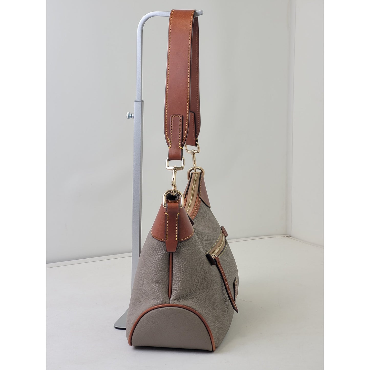 Dooney & Bourke Pebble Grain Small Hobo Shoulder Bag Taupe Body & Brown Trim