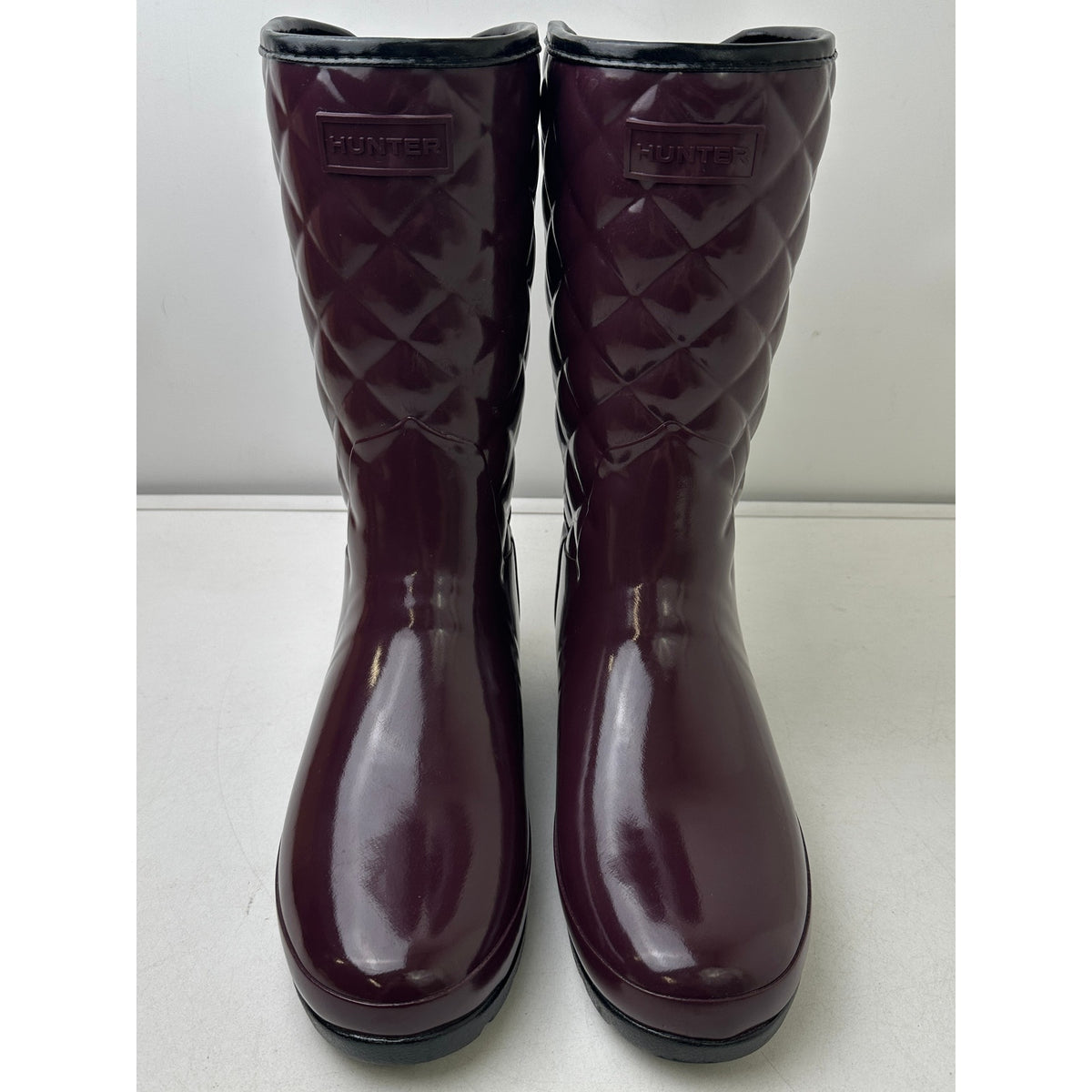 Hunter Refined Gloss Quilted Tall Deep Plum / Aubergine Rain Boots Women's Sz 7