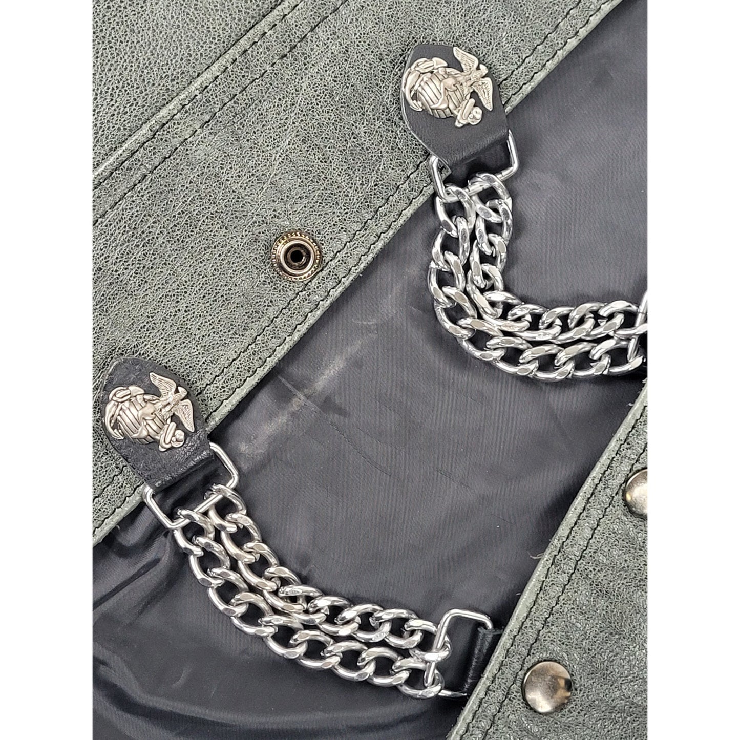 Unik Premium Distressed Grey Leather Motorcycle Vest w Front Chain Men's Sz M