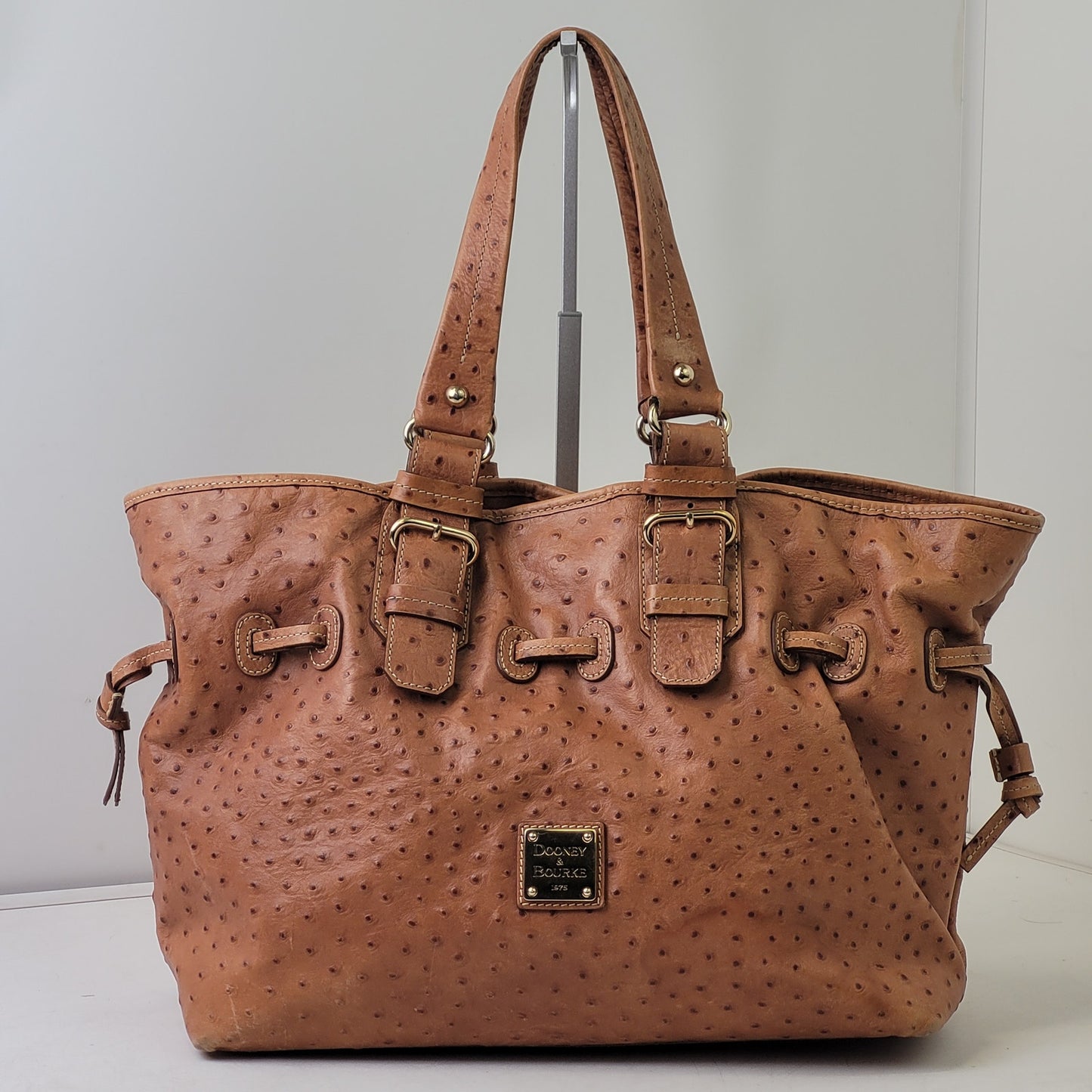 Dooney & Bourke Large Satchel Brown Ostrich-Embossed Leather Gold-Tone Hardware