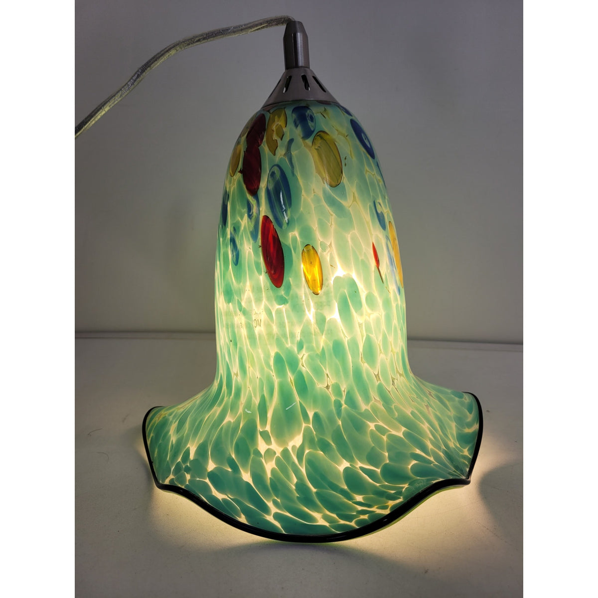 Art Glass Handblown Turquoise Blue Confetti Style Ruffled Edge Pendant Light