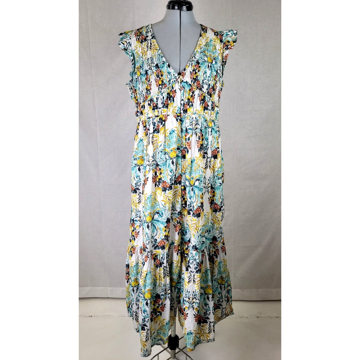 Anthropologie The Peregrine Midi Dress Floral Print Smocked Bodice Sz L