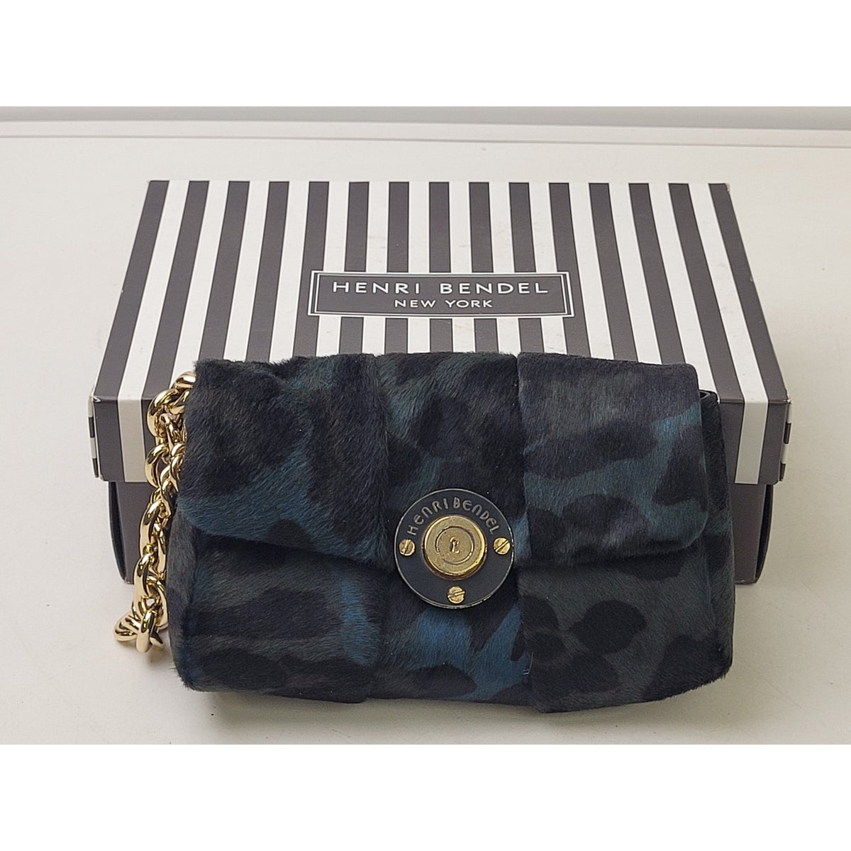 Henri Bendel Milliner Calf Hair Wristlet Clutch Green Blue Multicolor w Box