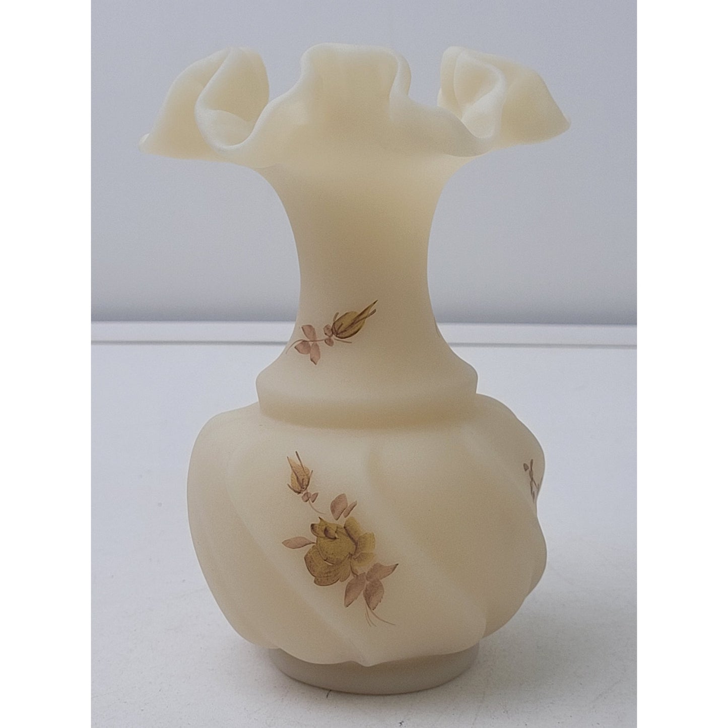 Fenton Art Glass Vase Custard Satin Hand-Painted Floral Design Signed 4.5" H