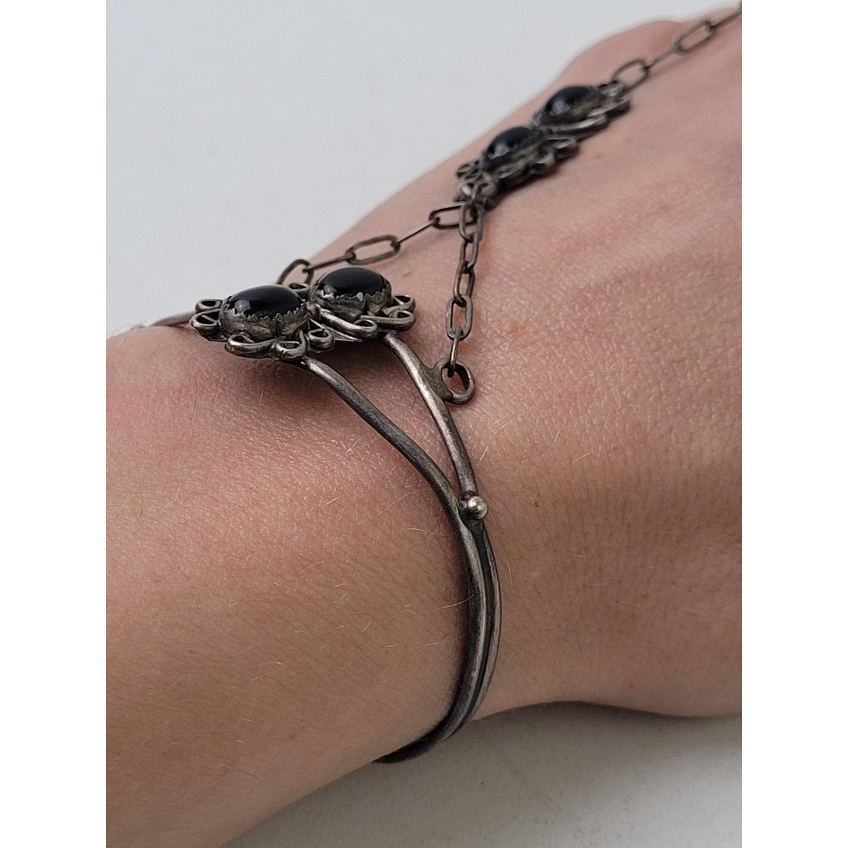 Vintage Navajo Sterling Silver Bracelet Ring Chained Set w Onyx Stones