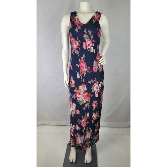 Y2K R&K Originals Bias-Cut Navy Blue Slip Dress Floral Print Beadwork Sz S/M