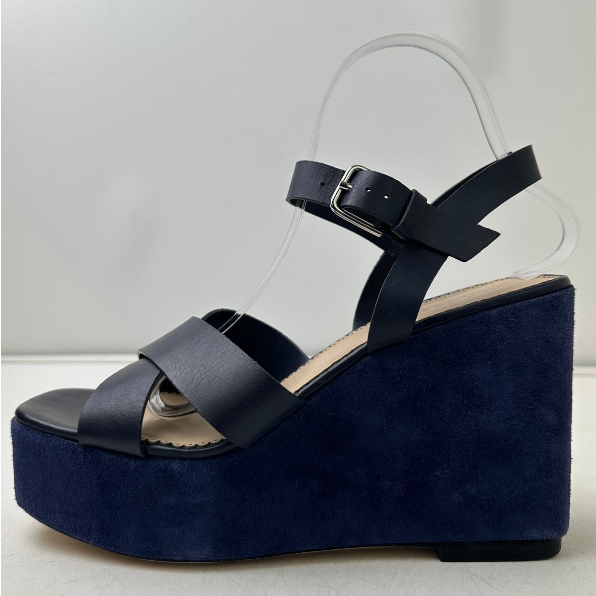 Cinq à Sept Navy Leather Sasha Vachetta Suede Platform Wedge Sandals Women's Sz 9