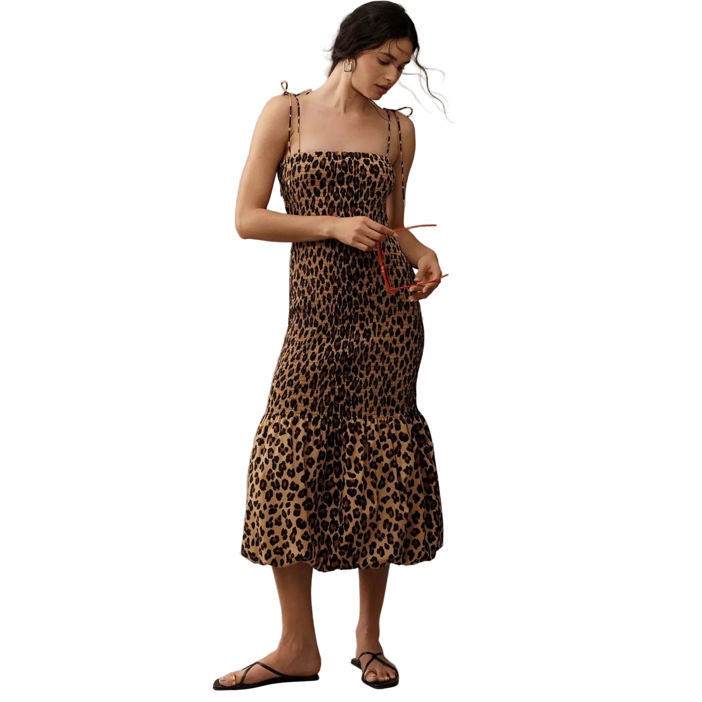 SIMONMILLER Canto Smocked Poplin Dress in Leopard Print Adustable Straps Sz S