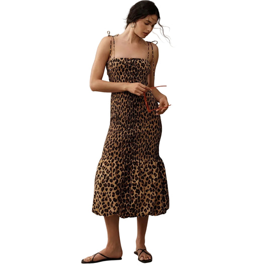 SIMONMILLER Canto Smocked Poplin Dress in Leopard Print Adustable Straps Sz S