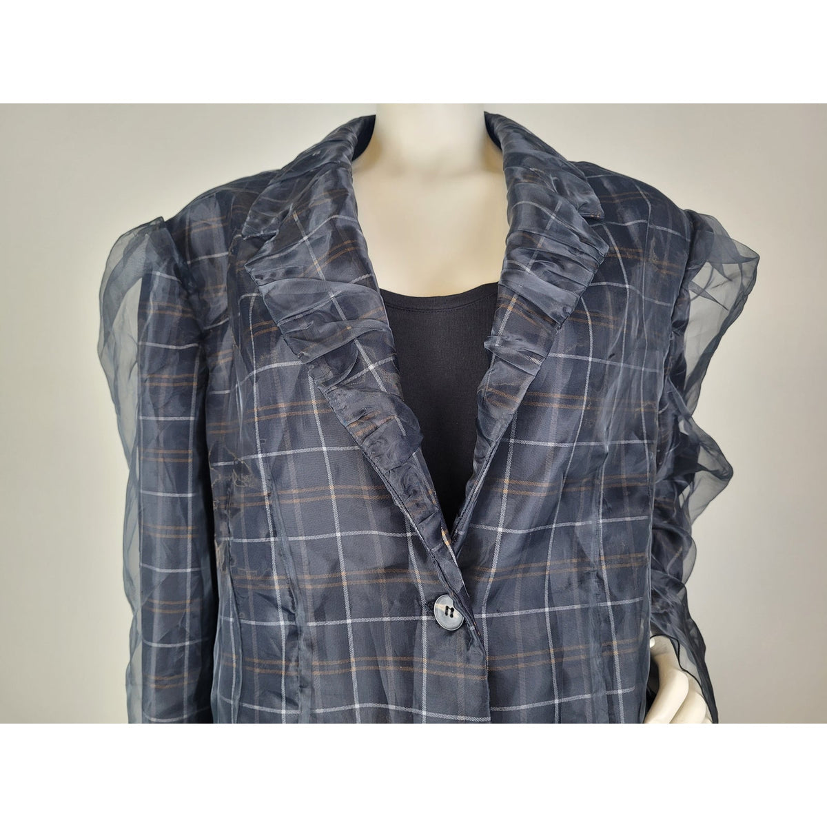 By Anthropologie Tulle Overlay Plaid Blazer Sheer Tulle Puff Sleeves Sz M