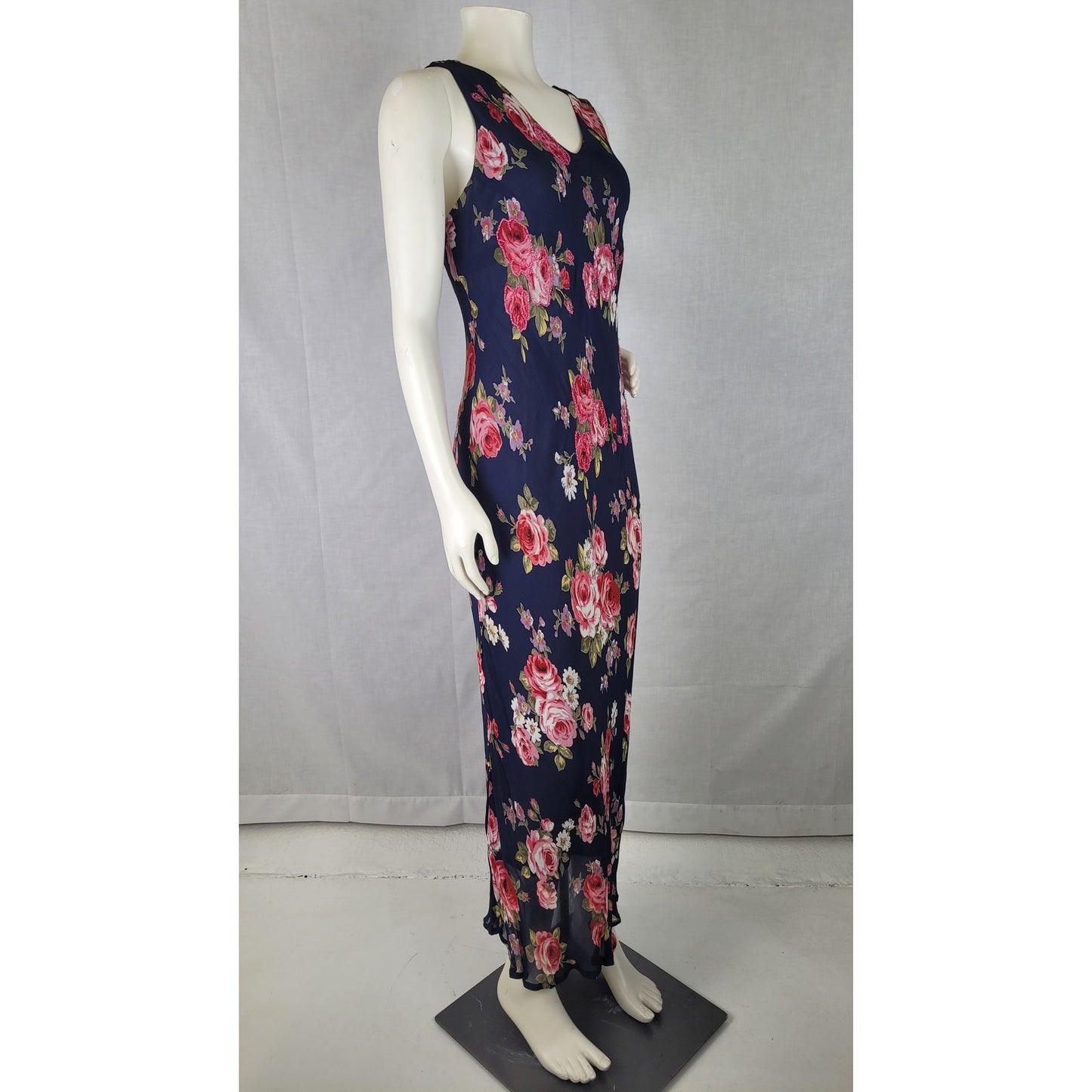 Y2K R&K Originals Bias-Cut Navy Blue Slip Dress Floral Print Beadwork Sz S/M