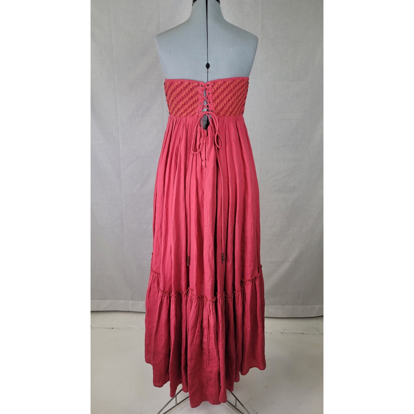 Free People Shimmers in the Sky Linen Maxi Dress Bead Embellished Bodice Sz L