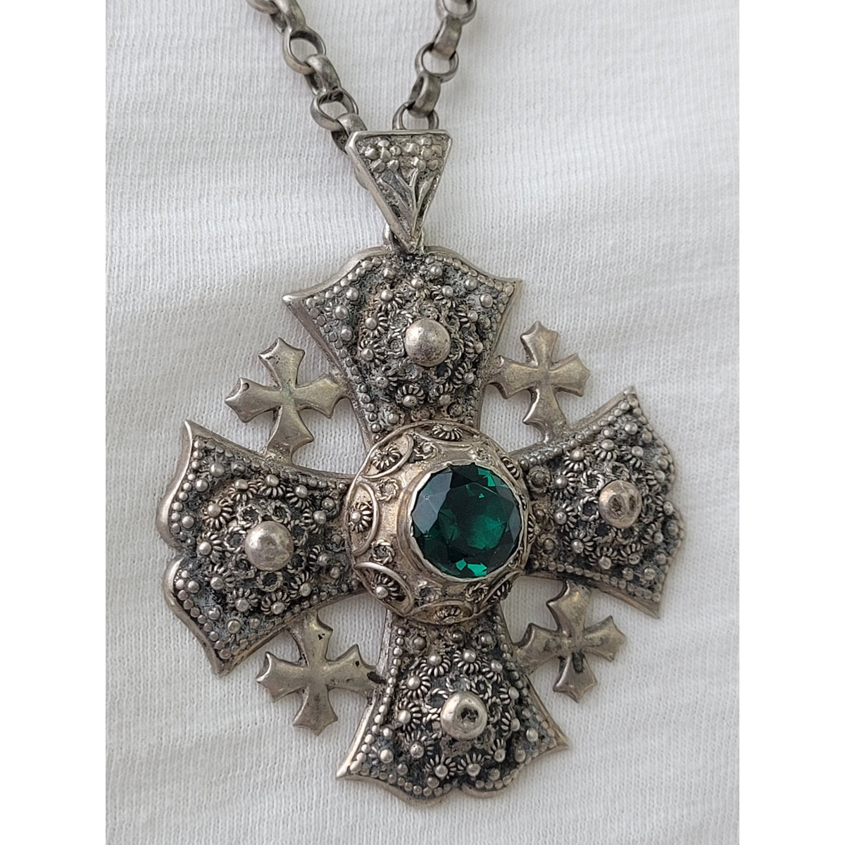 Vintage Sterling Silver Jerusalem Cross Green Stone Pendant on Thick Rolo Chain