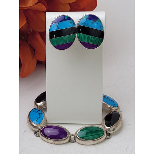 Vintage CII Mexican Sterling Silver Multi-Stone Inlay Bracelet & Earring Set