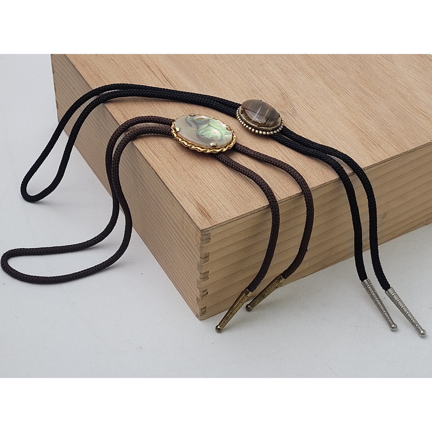 Vintage Pair of Western-Style Bolo Ties Mother of Pearl & Banded Agate Stone