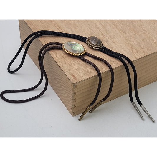 Vintage Pair of Western-Style Bolo Ties Mother of Pearl & Banded Agate Stone