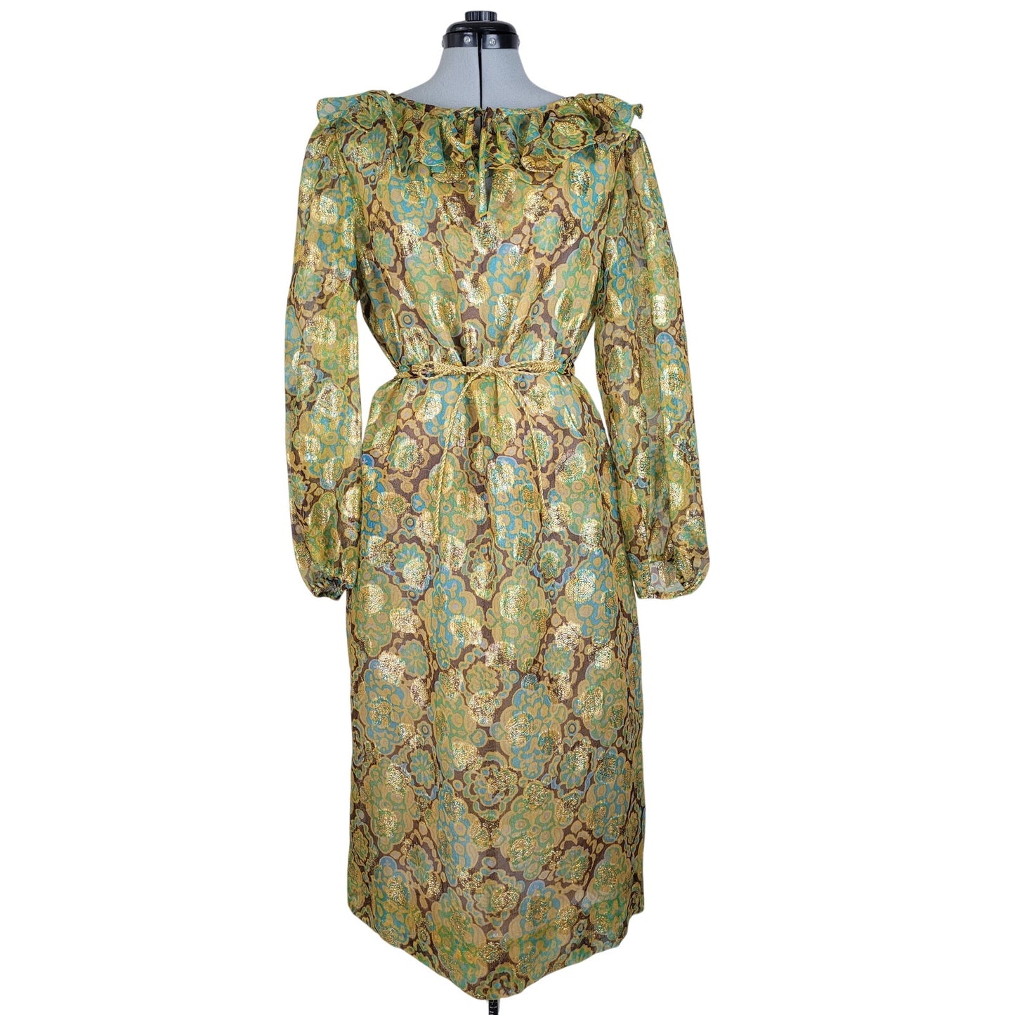 Vintage 1960-70s Adele Simpson Sheer Dress Metallic Fabric Belted Sz S/M