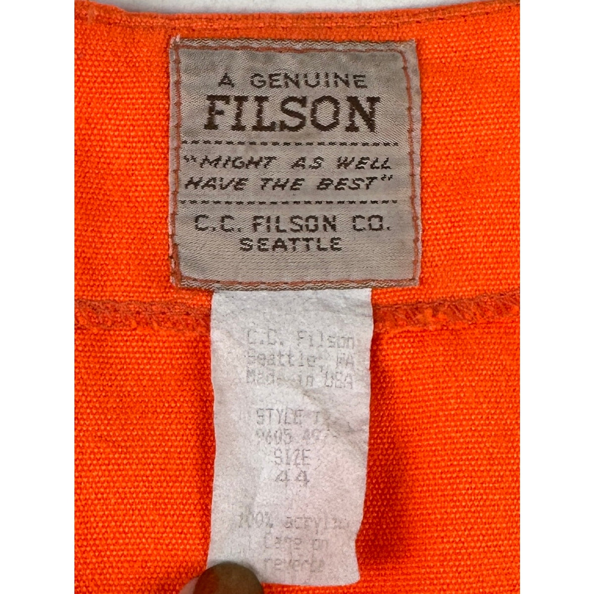 Vintage Filson Style 12 Blaze Orange Hunting Vest Made in USA Men's Sz 44
