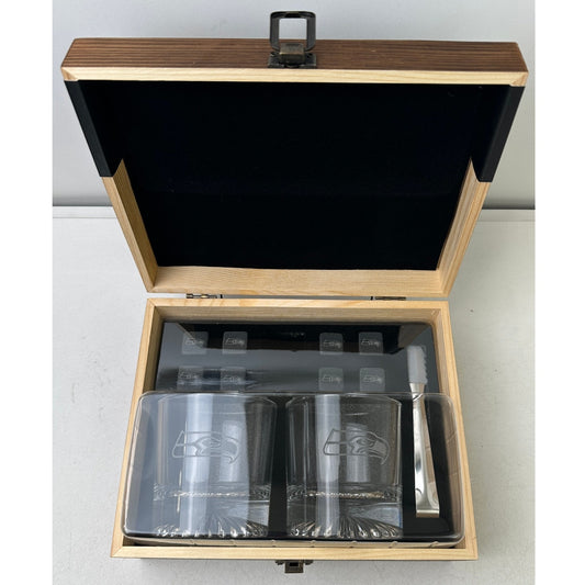 NFL Seattle Seahawks Wood Boxed Glass Set W/ Stone Cubes | NEW