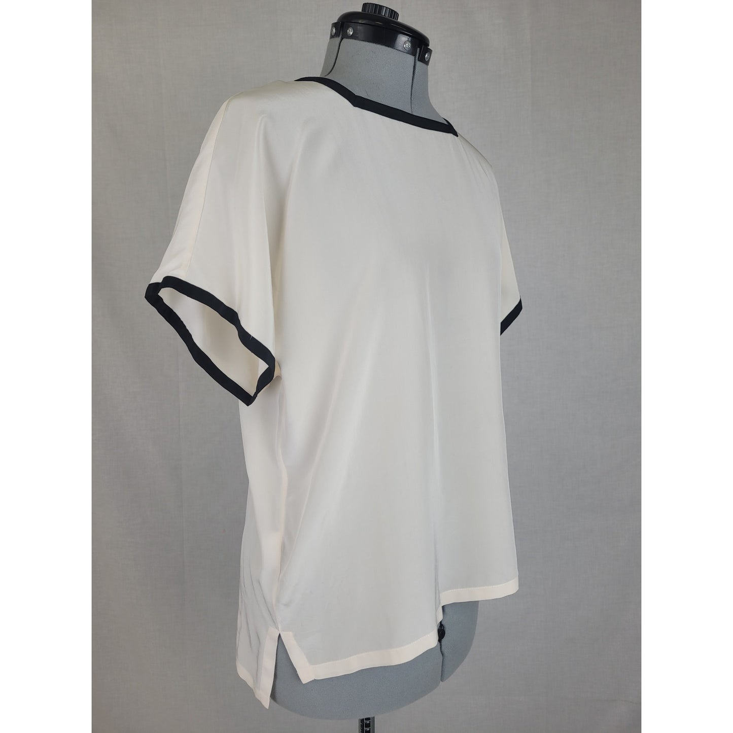 Vintage Christian Dior Ivory Silk Blouse Black Trim Square Neckline Sz S/M