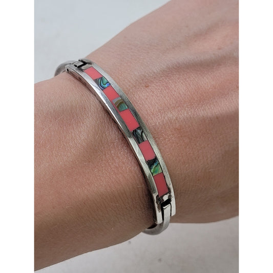 Vintage Sterling Silver Mexican Hinged Bangel Bracelet w Abalone & Pink Enamel