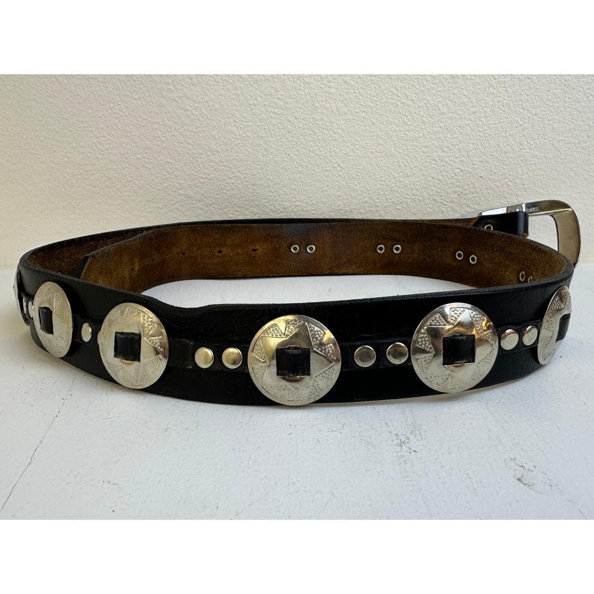 Vintage Black Leather Star Concho Belt Made in USA