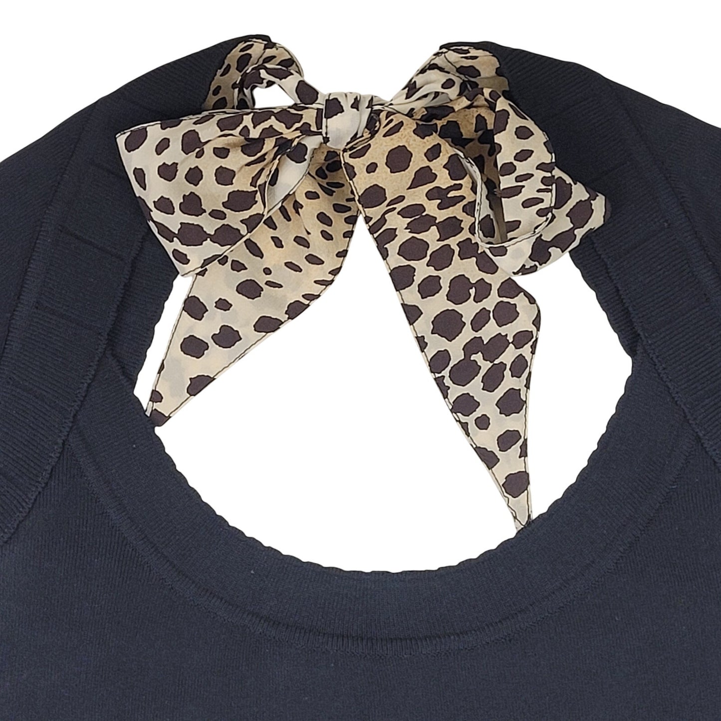 Roberto Cavalli Black Low Back Fitted Knit Top Ft. Leopard Silk Tie Back Sz S/M