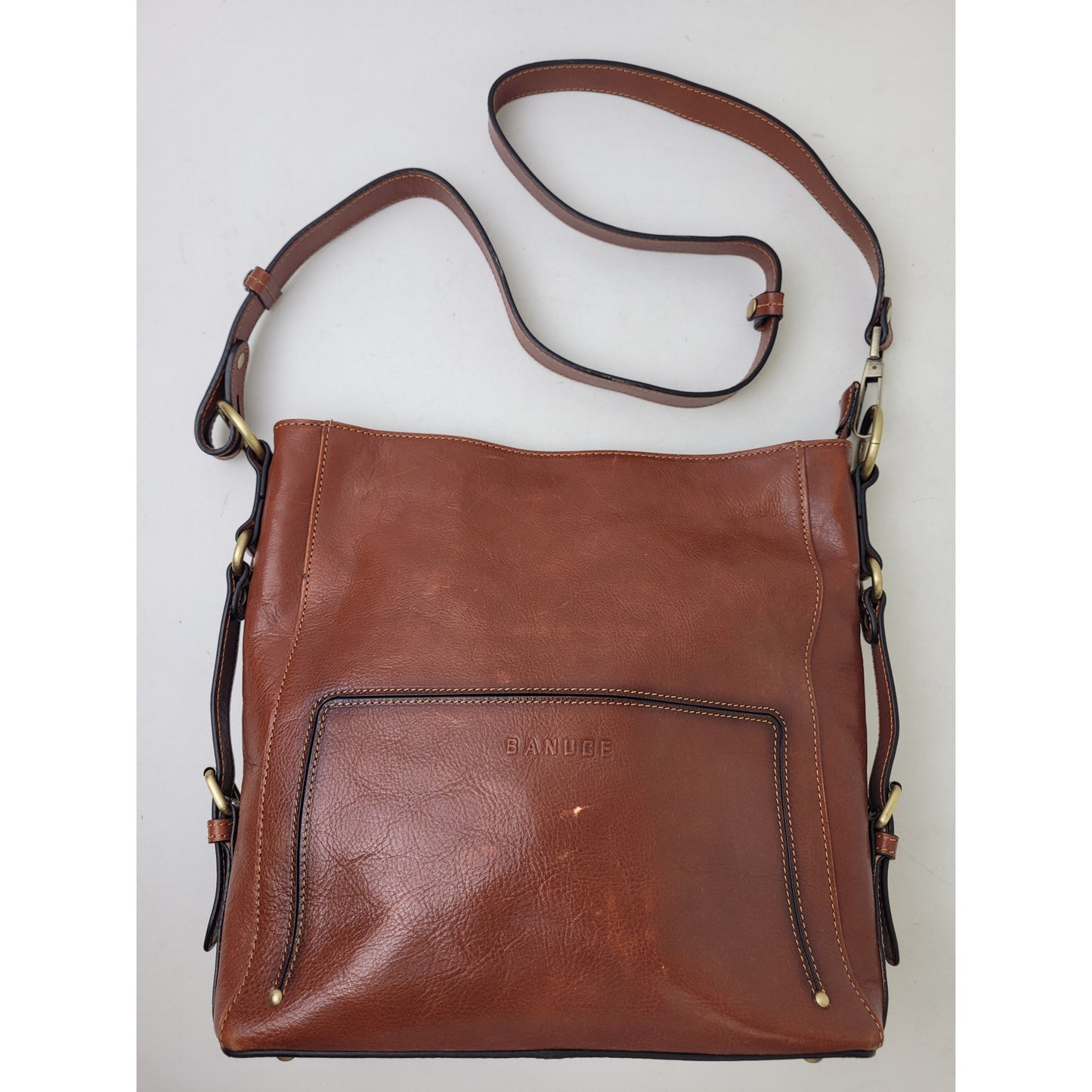 Banuce Full Grain Brown Italian Leather Hobo Bucket Bag w Brass Hardware