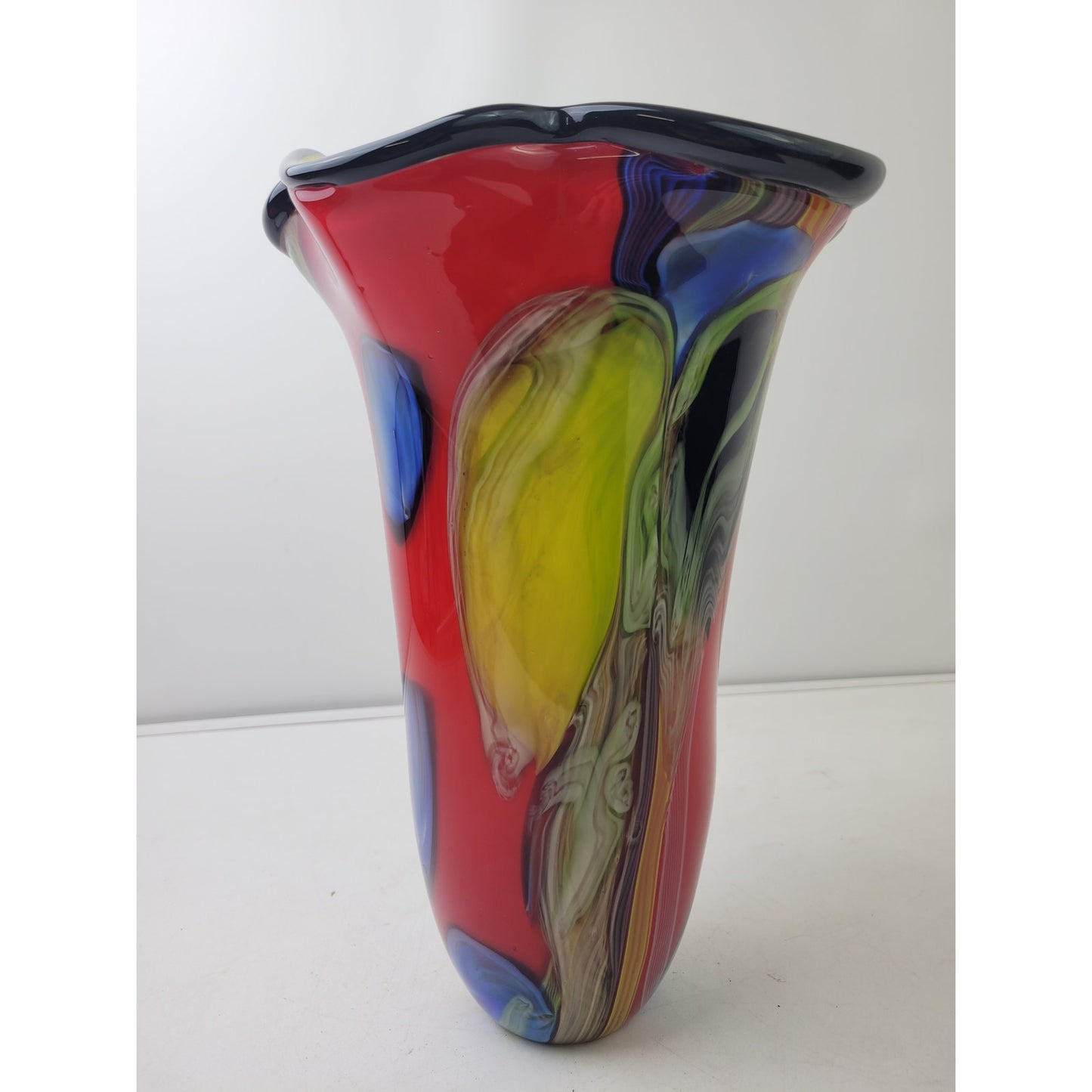 VTG Hand-Blown Murano Glass Handkerchief Vase Vibrant Red Multicolor 13.5" Tall