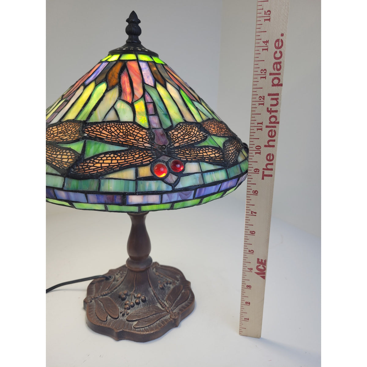 90s Meyda Tiffany Dragonfly Table Lamp Stained Glass Shade Metal Base 16" Tall