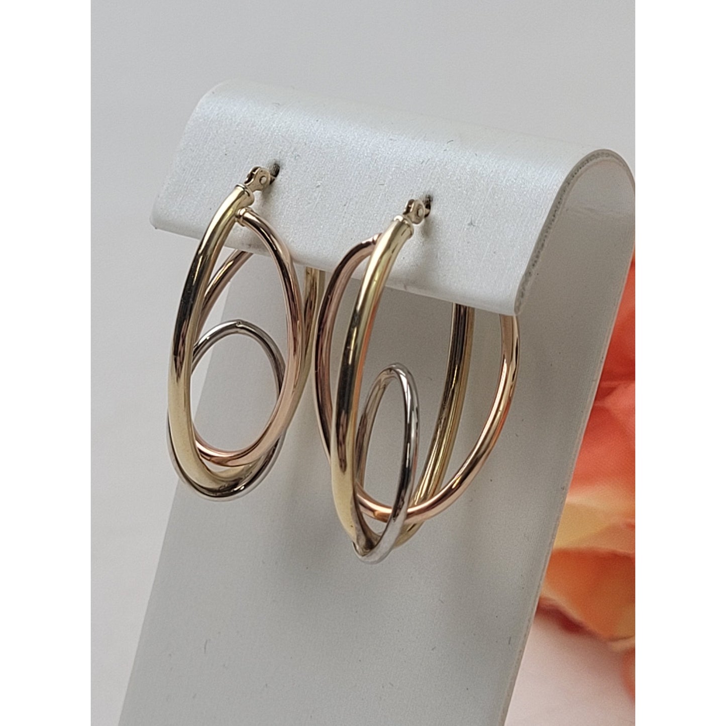 14K Gold Tri-Color Rose Yellow White Multi-Ring Interlocked Hoop Earrings