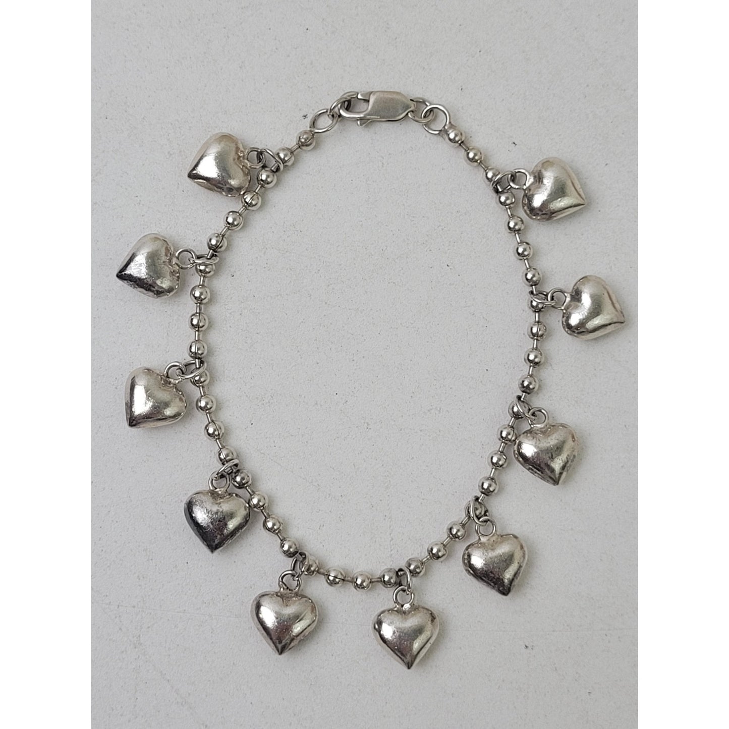 VTG Sterling Silver Puffy Heart Charm Bracelet | 7 3/8" Long | 11.7 Grams