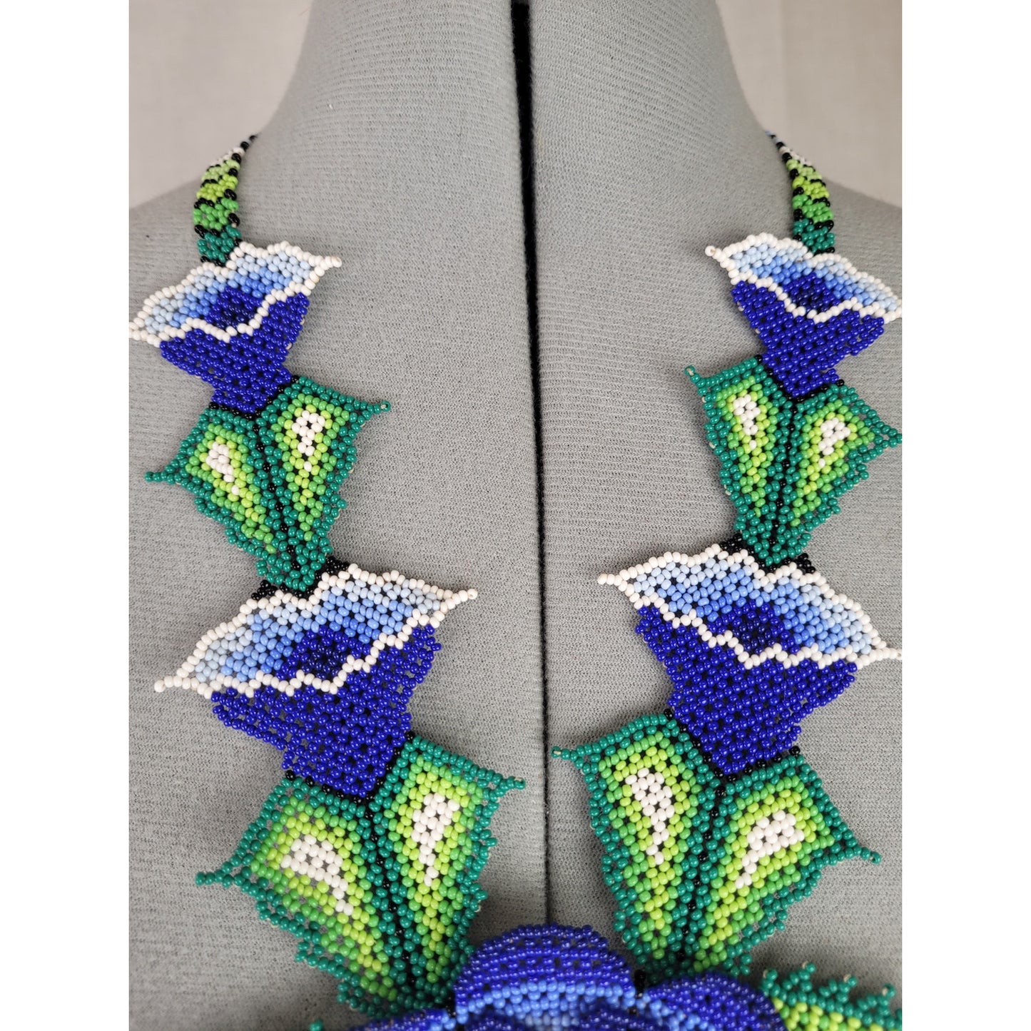 Huichol Beaded Flower Necklace Blue & Green Glass Beads