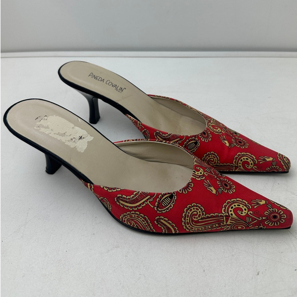Vintage Pineda Covalin Red Paisley Kitten Heel Mules Women's Sz 7.5