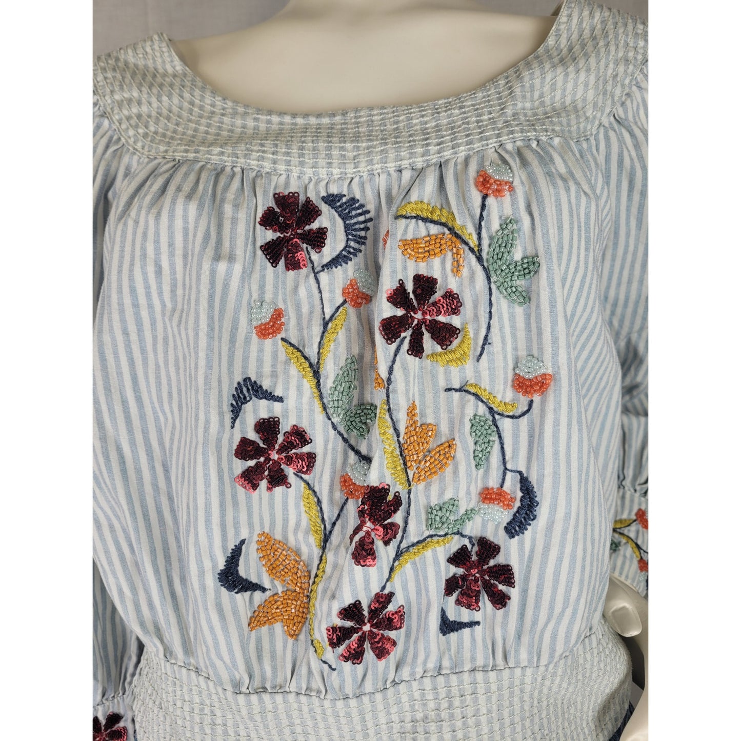 Anthropologie Beaded Bracelet Sleeved Peasant Blouse Blue & White Striped Sz S