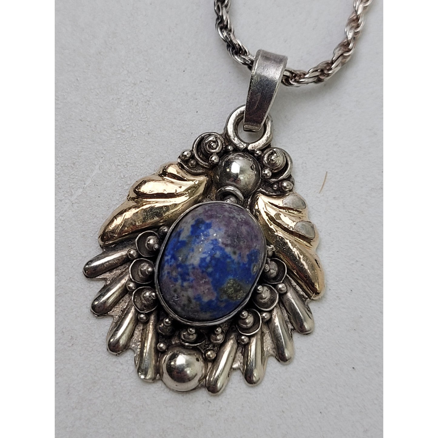 Vintage Sterling Silver Lapis Lazuli Stone Pendant w Matching 925 20" Rope Chain