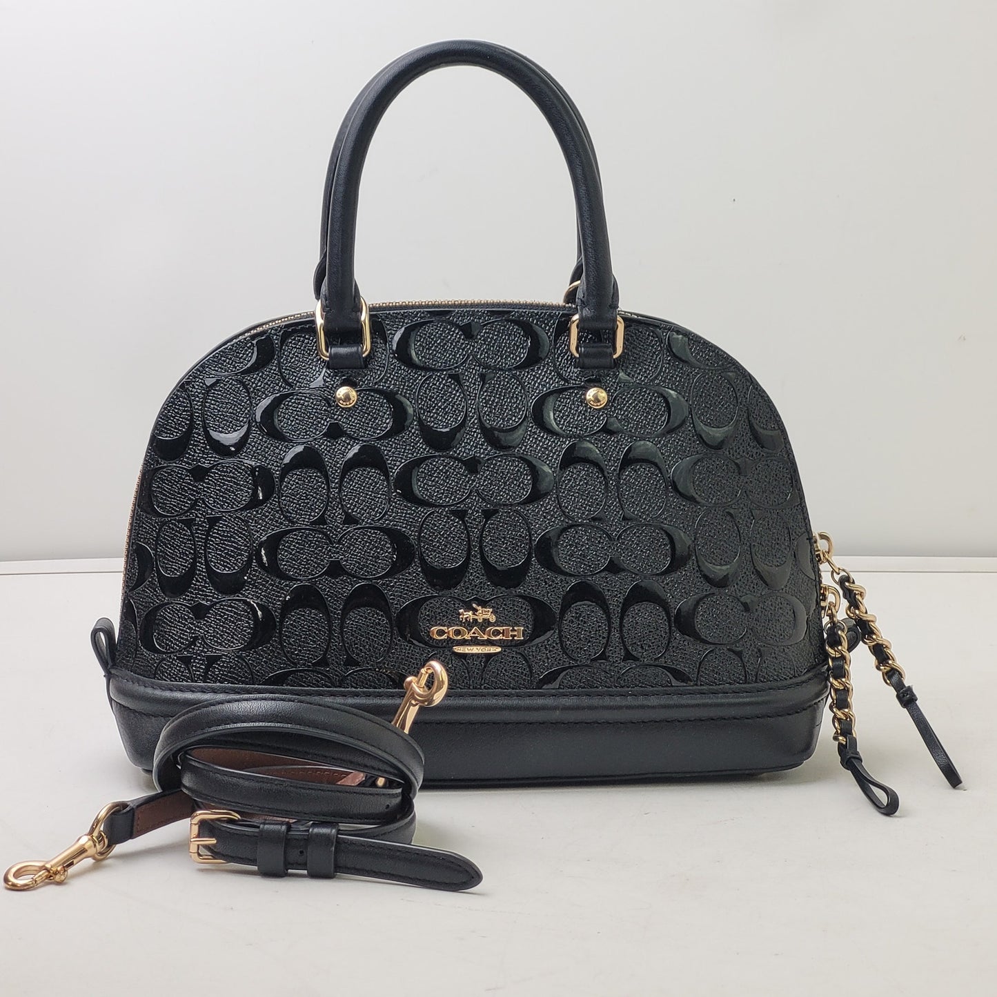 Coach Black Mini Sierra Satchel Debossed Patent Leather Top Handle + Strap